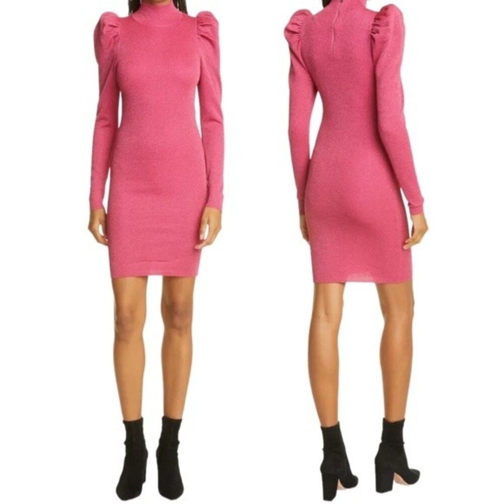 NWT Alice + Olivia Metallic Puff Long Sleeve Sweater Dress Hot Pink Size XL NEW